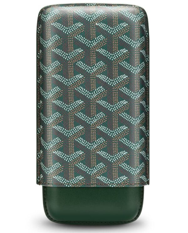 CL031-01 Phone case with a teal-brown geometric pattern on the top and dark green leather base at the bottom.