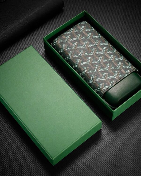 CL031-04 Open green box revealing a patterned wallet with a gray geometric repeating motif and dark leather accents