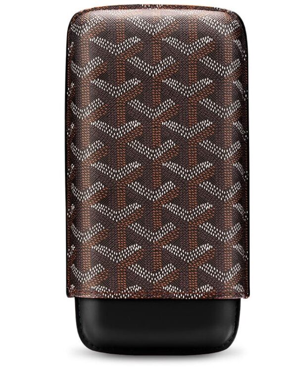 CL031-05 Brown patterned clutch-style bag with a geometric white chevron motif on a dark brown background, and a black base.