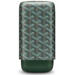 Wallet with a dark green base and a patterned flap featuring teal and brown chevron motifs; closes at the bottom edge.