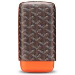 Monogram-patterned brown and orange zippered pouch with an orange leather base, likely a cosmetic bag or small case