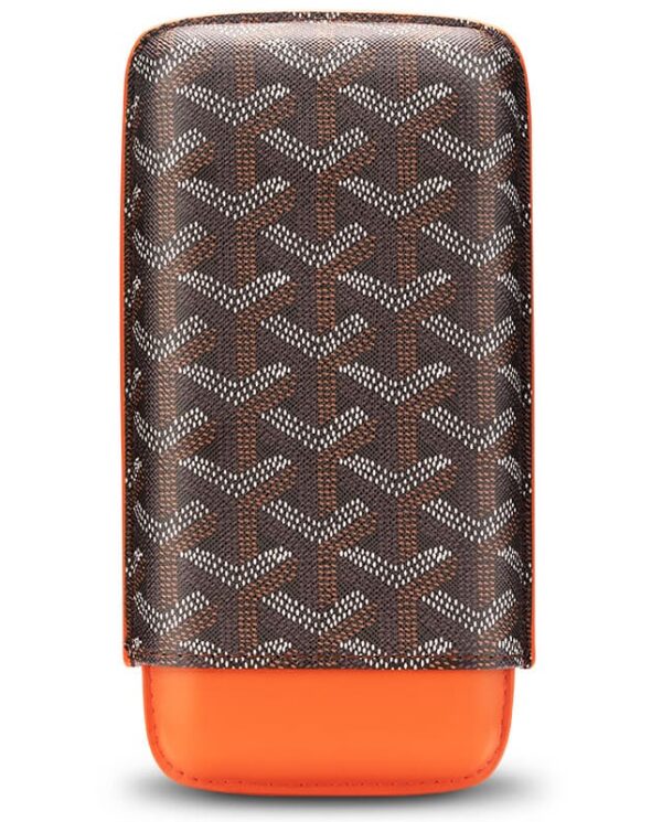 CL031-07 Monogram-patterned brown and orange zippered pouch with an orange leather base, likely a cosmetic bag or small case