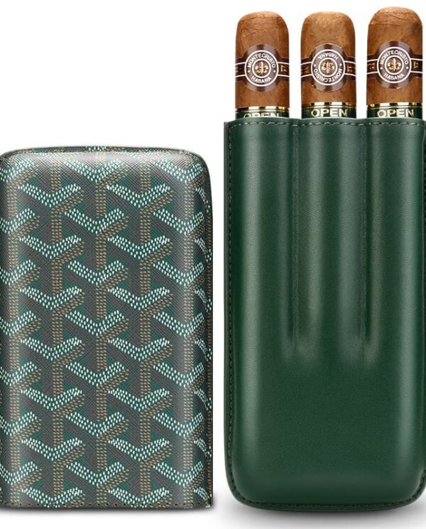 CL031 Green leather cigar case holding three cigars, shown next to a patterned wallet