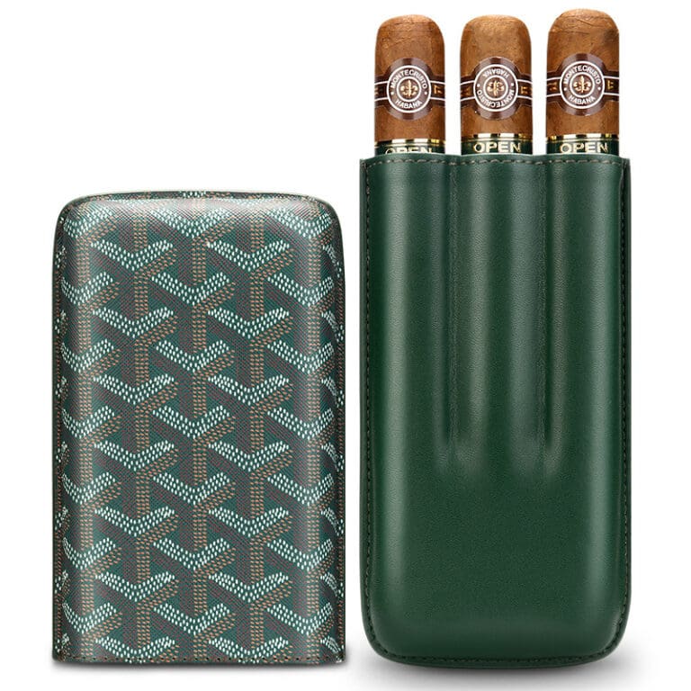 Green leather cigar case holding three cigars, shown next to a patterned wallet