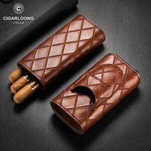 Brown quilted leather cigar cases, one open with three cigars visible, on a textured black background (brand logo in corner).