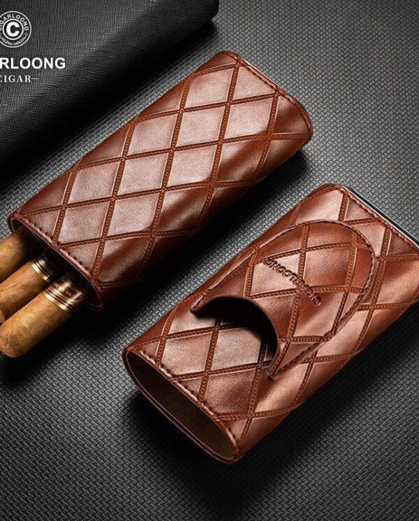 CL032-01 Brown quilted leather cigar cases, one open with three cigars visible, on a textured black background (brand logo in corner).