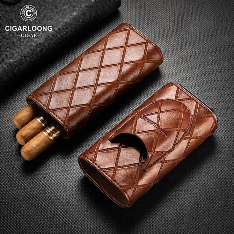 CL032-01 Brown quilted leather cigar cases, one open with three cigars visible, on a textured black background (brand logo in corner).
