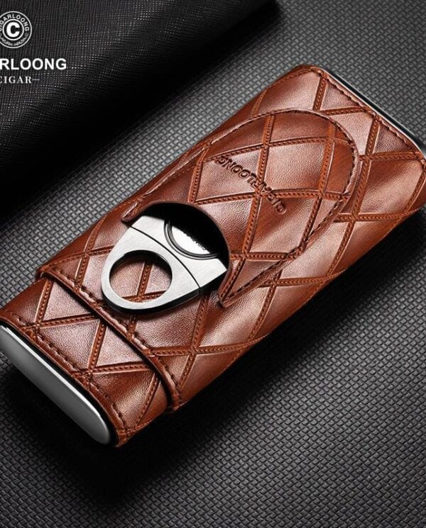 CL032-02 Brown quilted leather car key fob case with a metallic ring grip on a dark textured background (CIGARLOONG branding)