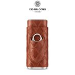 Brown quilted leather lighter sleeve with a circular metal ring and a white lighter peeking out (CIGARLOONG branding).