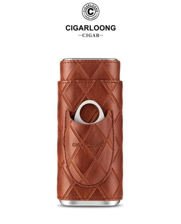 CL032-04 Brown quilted leather lighter sleeve with a circular metal ring and a white lighter peeking out (CIGARLOONG branding).