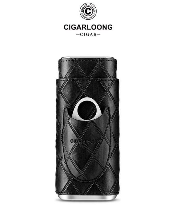 CL032-05 Black quilted leather sleeve encases a compact lighter, brand 'CIGARLOONG' shown above.