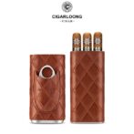 Brown quilted leather cigar case set: a shorter sleeve with a pocket and a taller sleeve holding three cigars, with the brand logo above