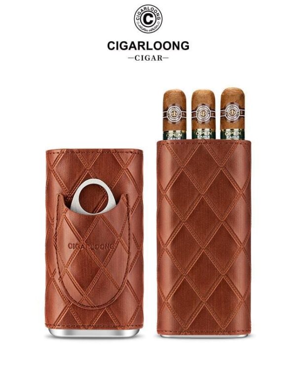 CL032-06 Brown quilted leather cigar case set: a shorter sleeve with a pocket and a taller sleeve holding three cigars, with the brand logo above