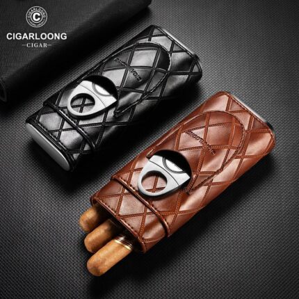 CigarLoong diamond-quilted leather 3-cigar case with cutter in black and brown