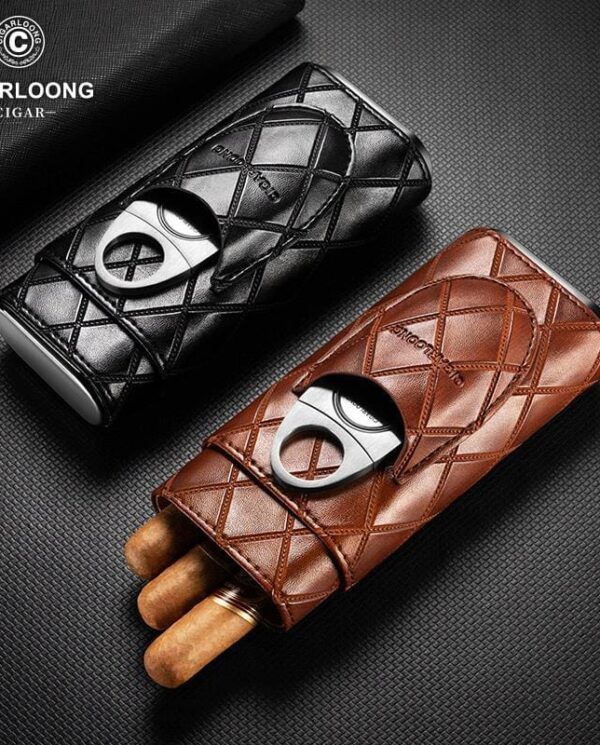 CL032 Quilted leather cigar holder in black and brown with a metal clasp, branded Cigarloong, on a dark textured surface