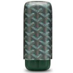 Rectangular zipper pouch with teal and brown chevron patterned fabric and a dark green leather base.