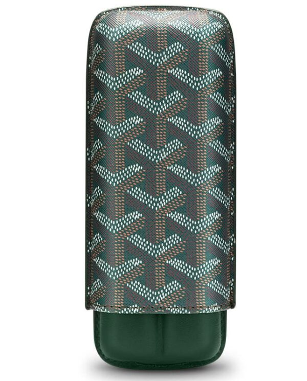 CL033-05 Rectangular zipper pouch with teal and brown chevron patterned fabric and a dark green leather base.