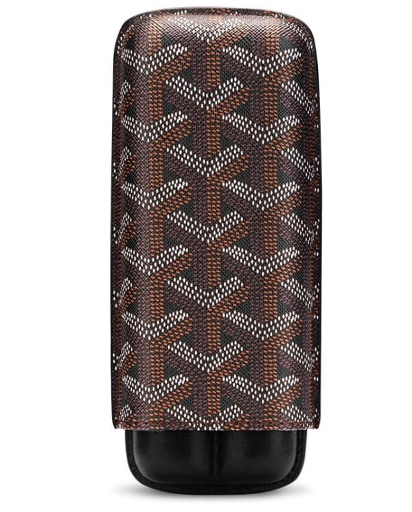 CL033-06 Geometric brown and white patterned zip pouch with a black leather base.
