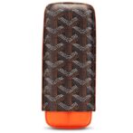 Rectangular designer handbag with a brown and white chevron pattern, orange trim, and an orange base, shown upright.