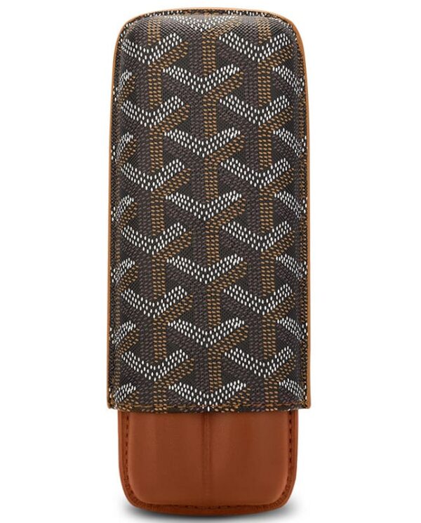 CL033-08 Rectangular glasses case with a brown leather bottom and a dark monogram-patterned fabric body.