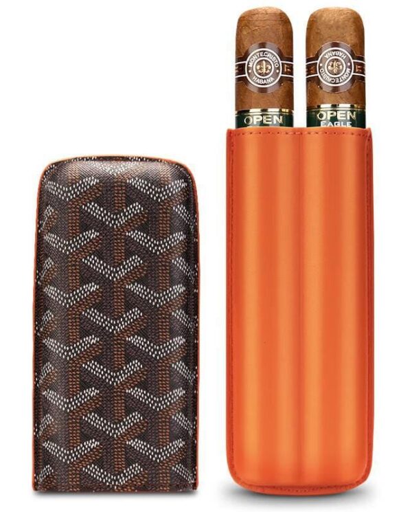 CL033 Orange leather cigar tube with two cigars protruding from the top, beside a brown patterned protective sleeve, on white background.