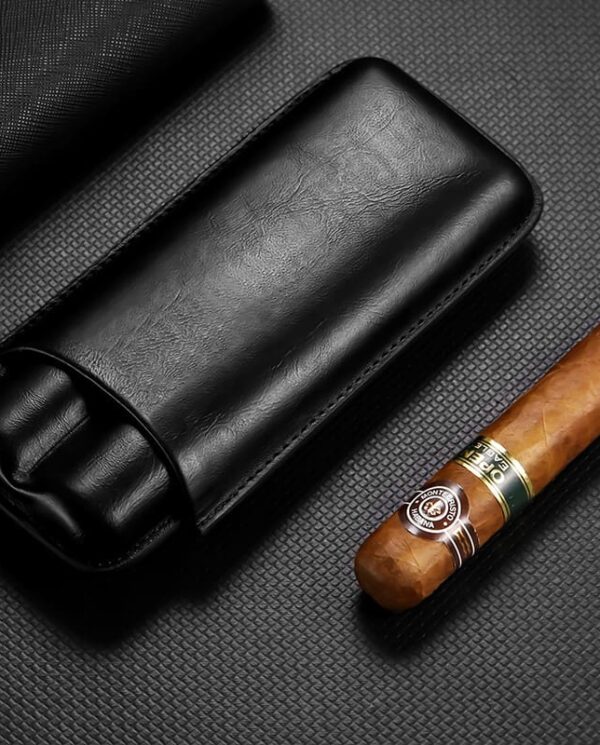Premium cigar with band lying next to a black leather cigar case on a dark textured surface.