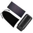 Black leather wallet with a matching box and black drawstring pouch on a white background.