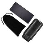 Black leather wallet with a matching box and black drawstring pouch on a white background.