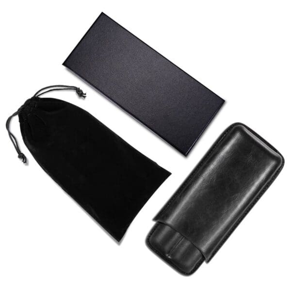 CL034-04 Black leather wallet with a matching box and black drawstring pouch on a white background.