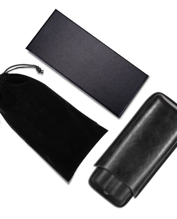Black leather wallet with a matching box and black drawstring pouch on a white background.