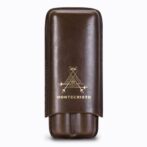 Brown leather Montecristo cigar case with a gold logo on the front.