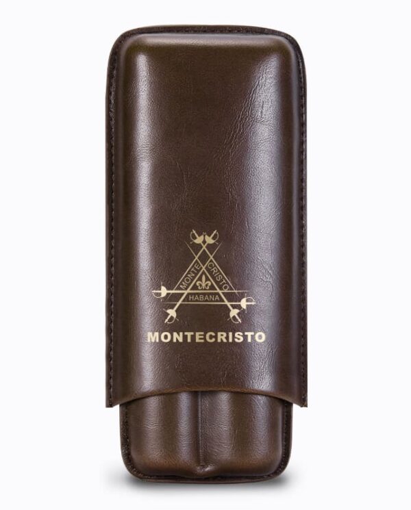 Brown leather Montecristo cigar case with a gold logo on the front.
