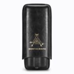 Black leather Montecristo cigar case with a gold emblem on a white background.