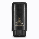 Black leather Montecristo cigar case with a gold emblem on a white background.