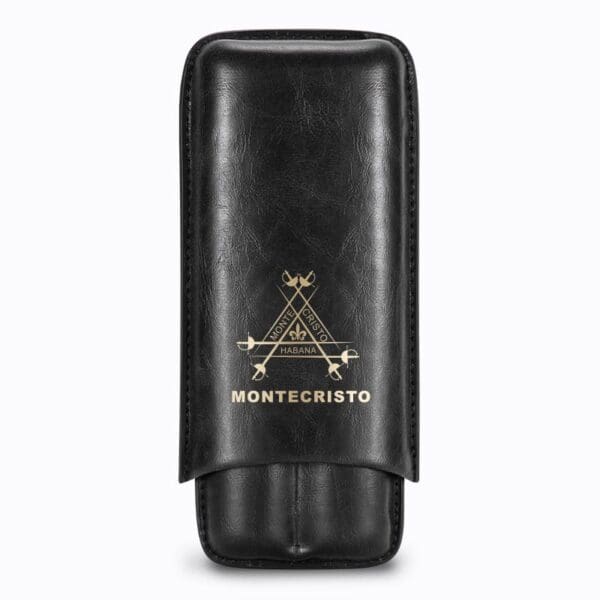 CL034-06 Black leather Montecristo cigar case with a gold emblem on a white background.
