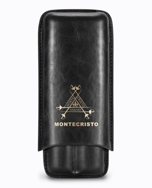Black leather Montecristo cigar case with a gold emblem on a white background.
