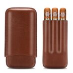 Brown leather triple-slot cigar case with three cigars partially visible in the open slots.