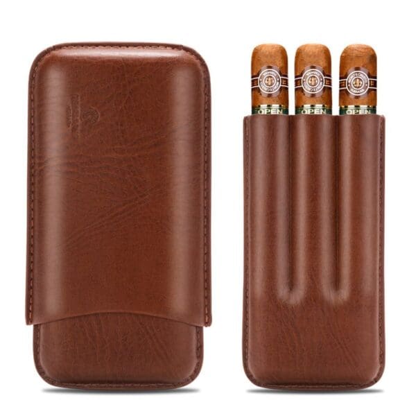 CL035-04 Brown leather triple-slot cigar case with three cigars partially visible in the open slots.