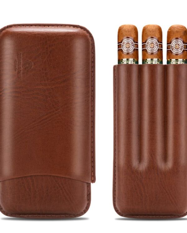 CL035-04 Brown leather triple-slot cigar case with three cigars partially visible in the open slots.