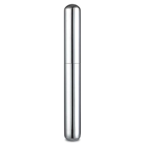 Tall, polished stainless steel cylindrical container with rounded ends, standing upright on a white background.