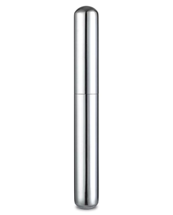 Tall, polished stainless steel cylindrical container with rounded ends, standing upright on a white background.