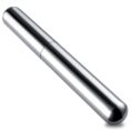 Shiny silver cylindrical metal tube with rounded ends, oriented diagonally across a white background.