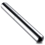 Shiny silver cylindrical metal tube with rounded ends, oriented diagonally across a white background.