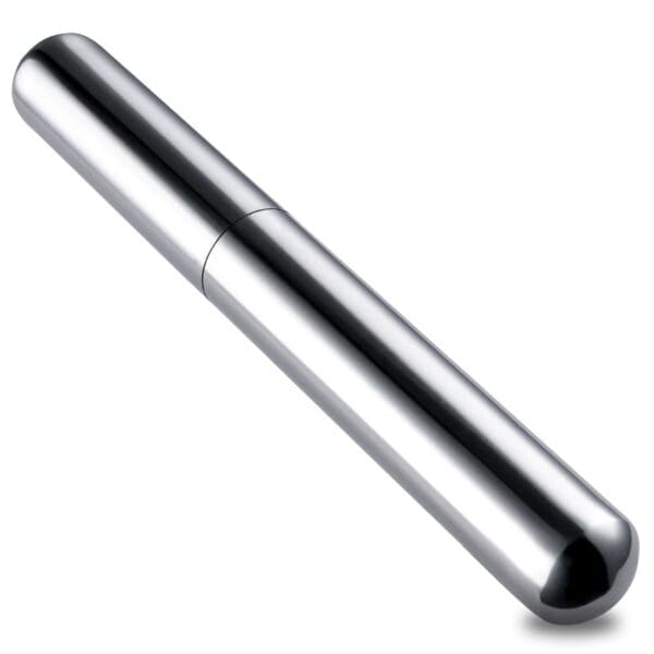 Shiny silver cylindrical metal tube with rounded ends, oriented diagonally across a white background.