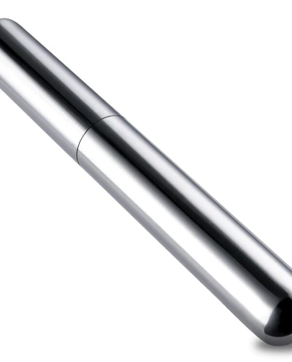 Shiny silver cylindrical metal tube with rounded ends, oriented diagonally across a white background.