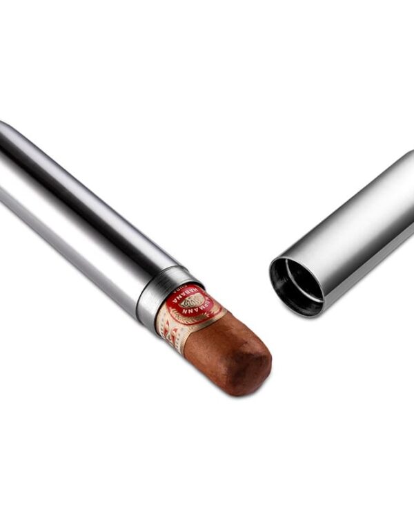 Cigar stored in a sleek silver travel case with the cap off beside it.