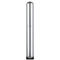 Tall polished stainless steel cylindrical container with rounded ends and a mid seam, standing upright.