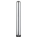 Tall polished stainless steel cylindrical container with rounded ends and a mid seam, standing upright.