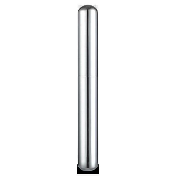 Tall polished stainless steel cylindrical container with rounded ends and a mid seam, standing upright.