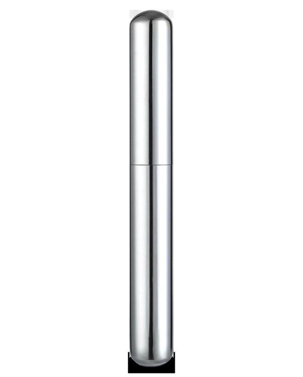 Tall polished stainless steel cylindrical container with rounded ends and a mid seam, standing upright.